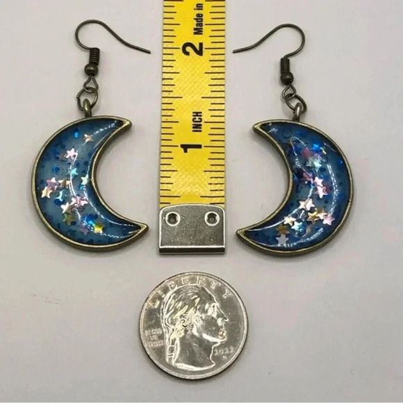 Moon Blue Stars Handmade Resin Glitter Bronze Tone Earrings New NWT - Picture 3 of 3